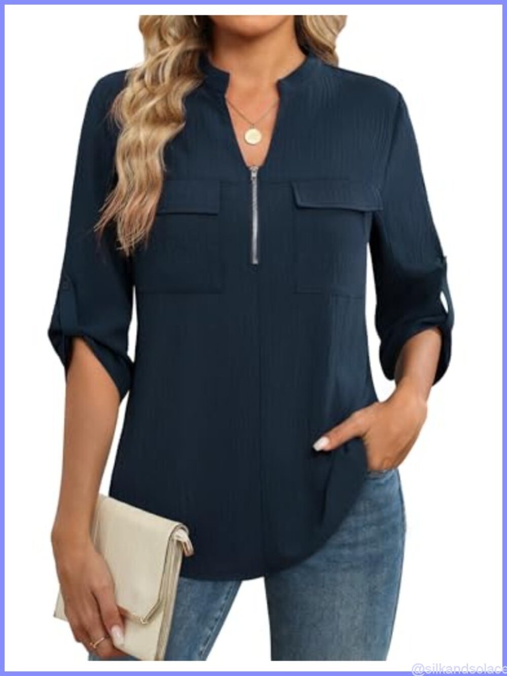 Women's 3/4 Sleeve V-Neck Zip Front Tunic Blouse Business Casual Work Top